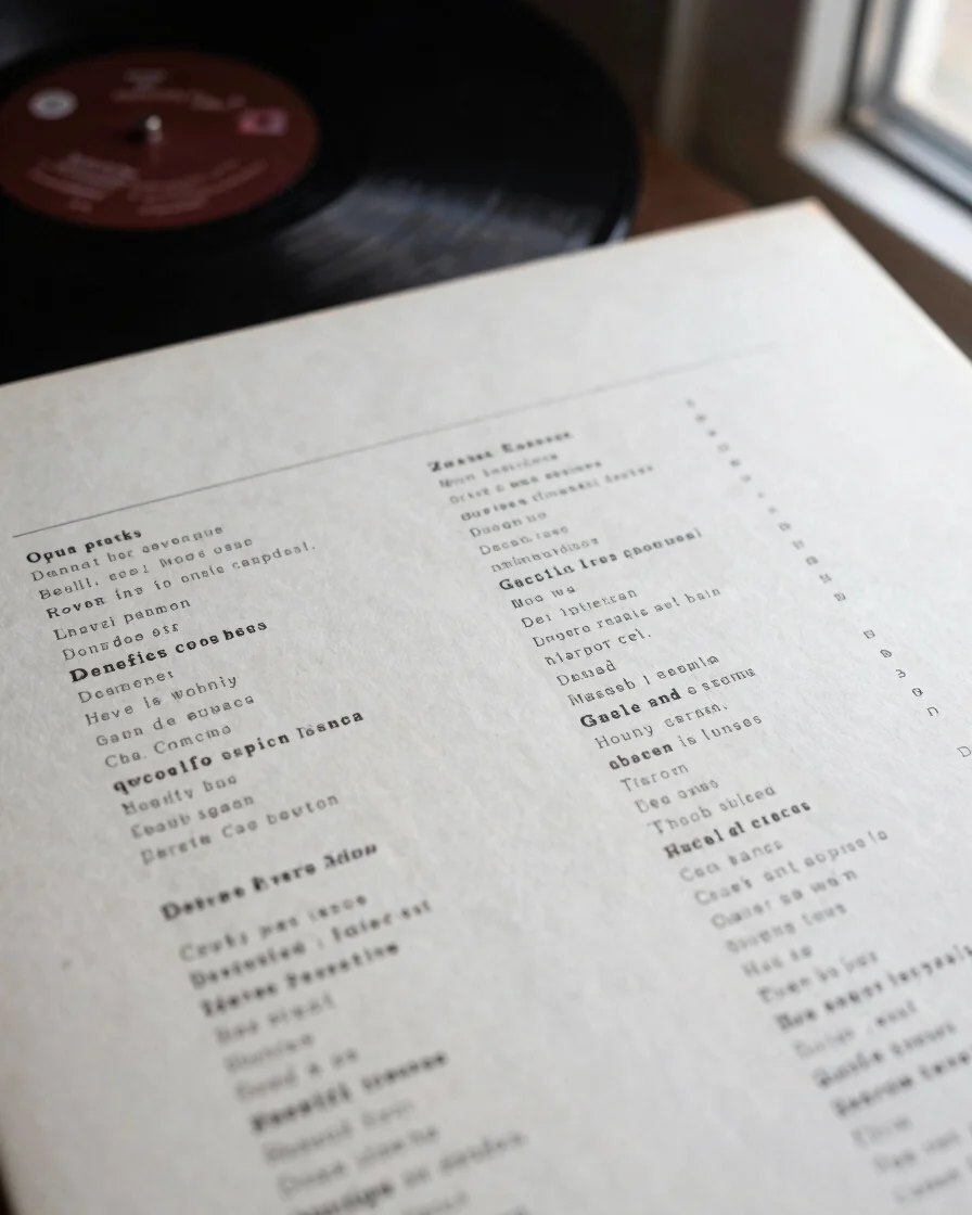 Quiet close-up of a vinyl record sleeve and printed lyric sheet u