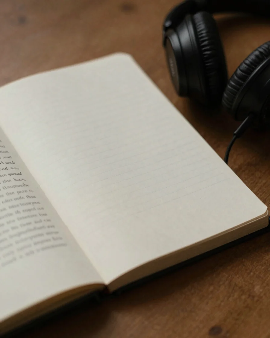 Soft directional light across an open notebook and a pair of head